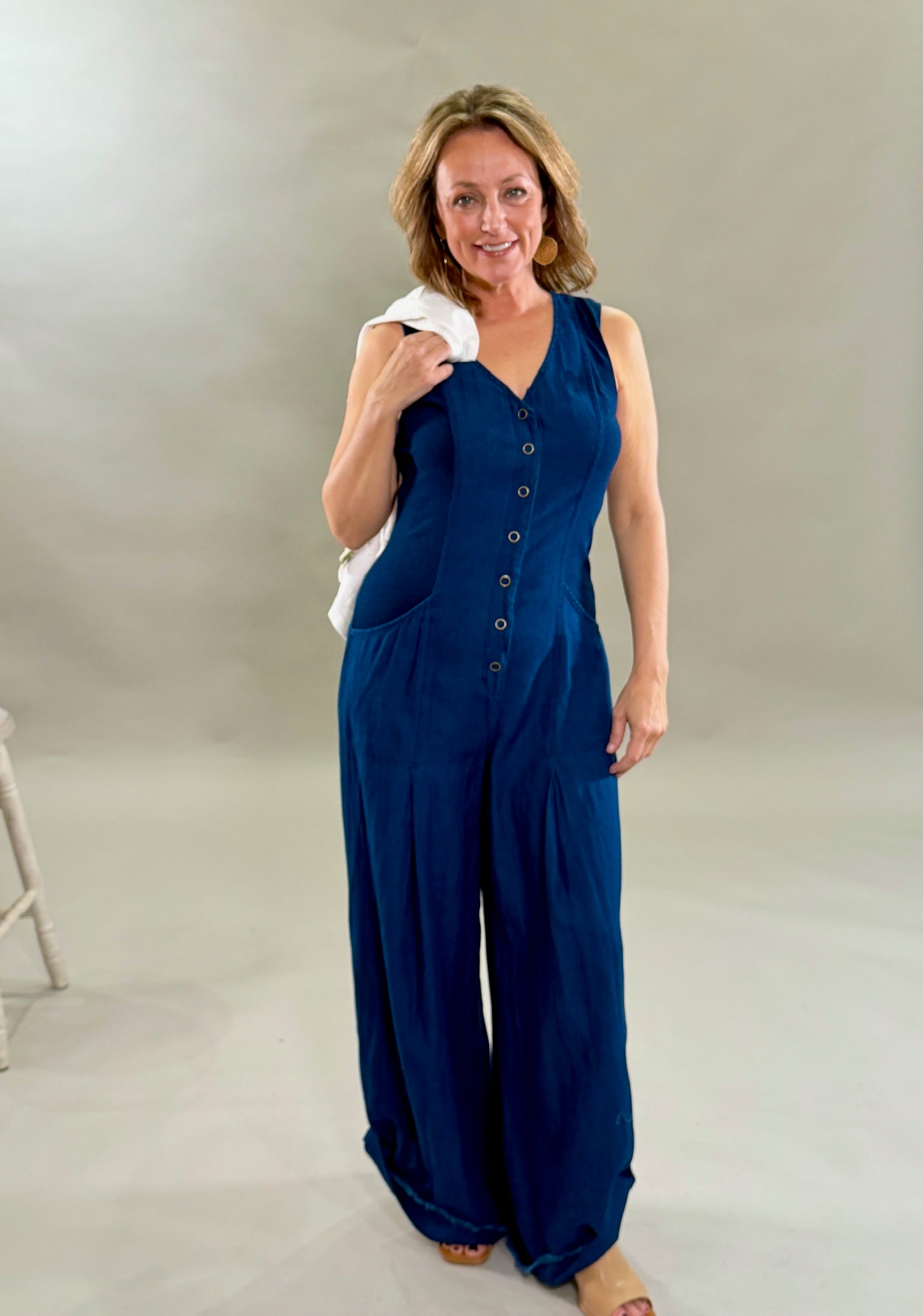 Relaxed Navy Snap-Front Jumpsuit