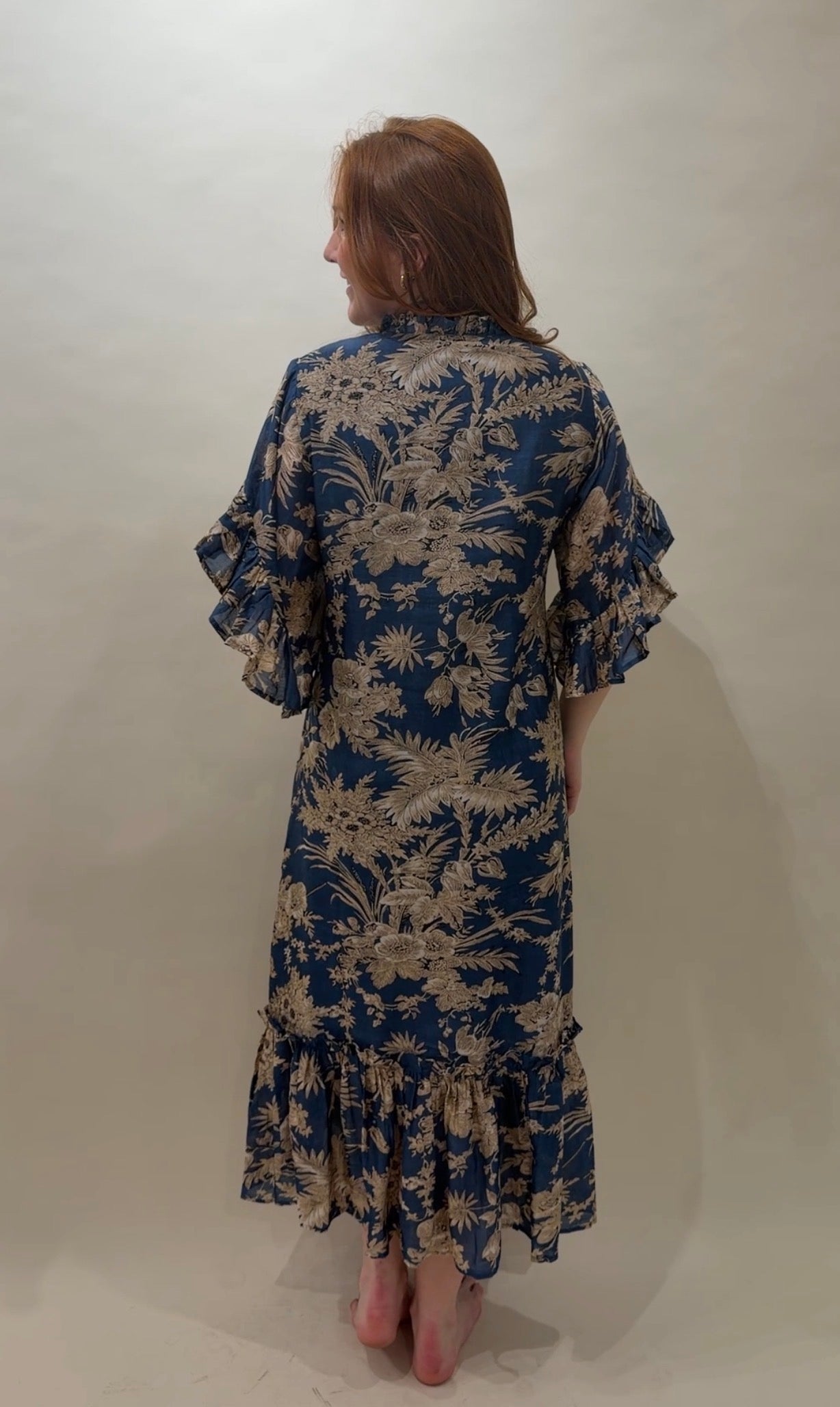 Toile Print Ruffled Cotton Caftan Mini