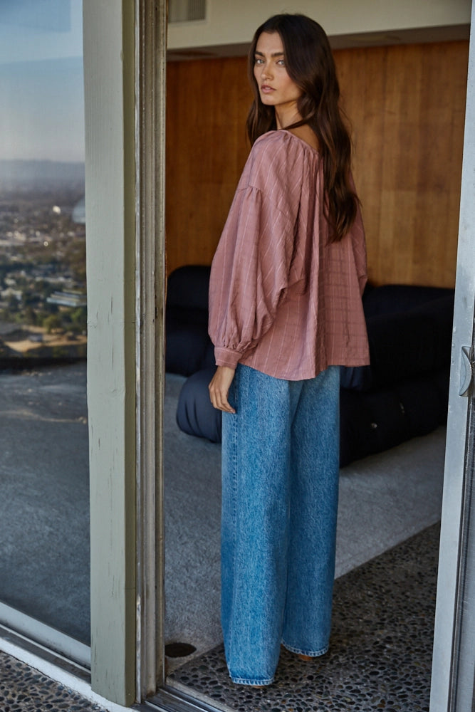 Woven Scoop Neck Long Sleeve Blouse