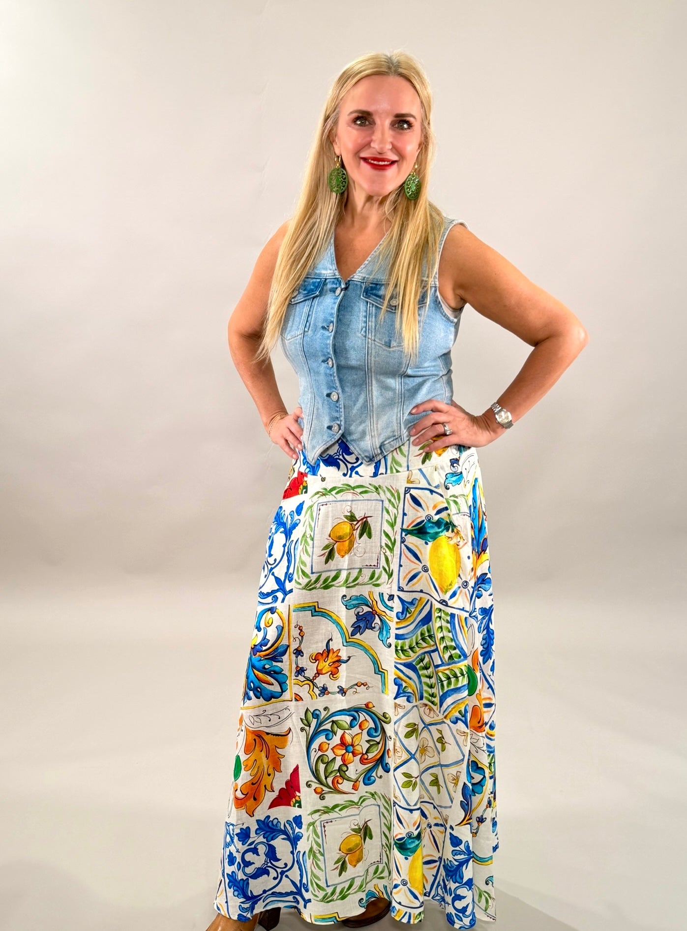 Amalfi Tile Linen-Blend Maxi Skirt