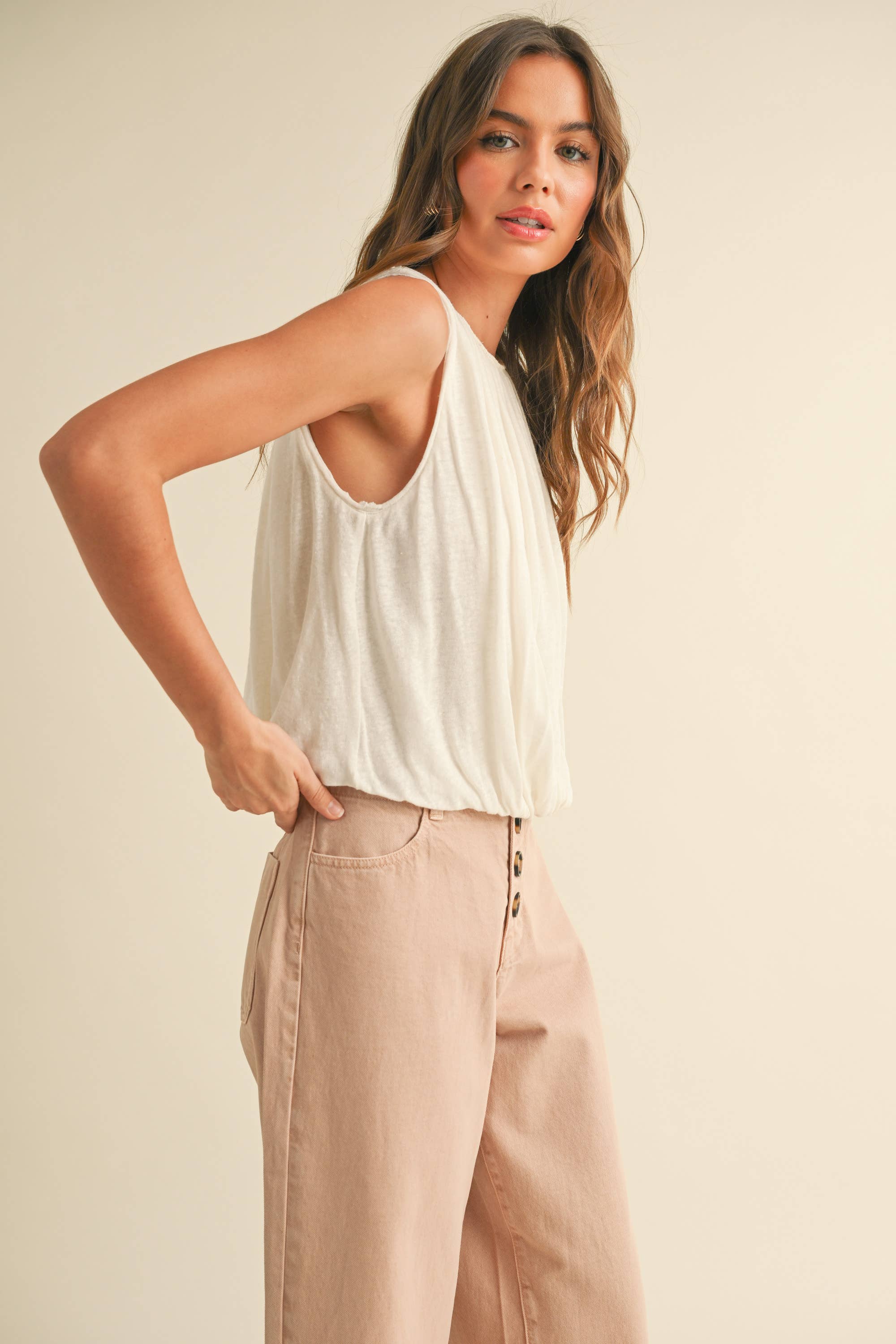 T4577 LINEN KNITTED BUBBLE BOTTOM TOP