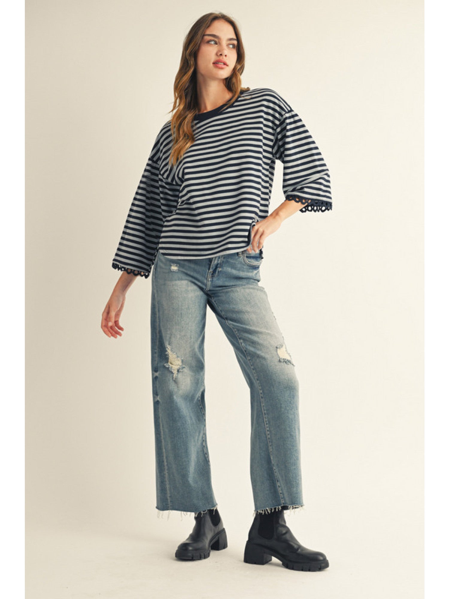 Striped Eyelet Cuff Blouse
