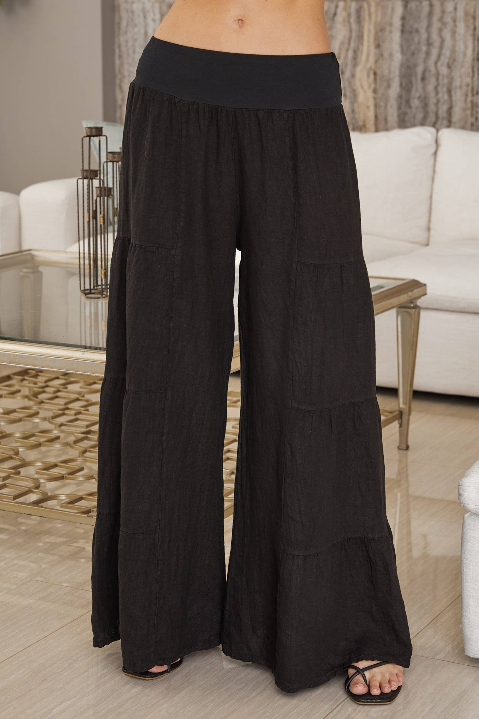 Black Linen Tiered Palazzo Pants