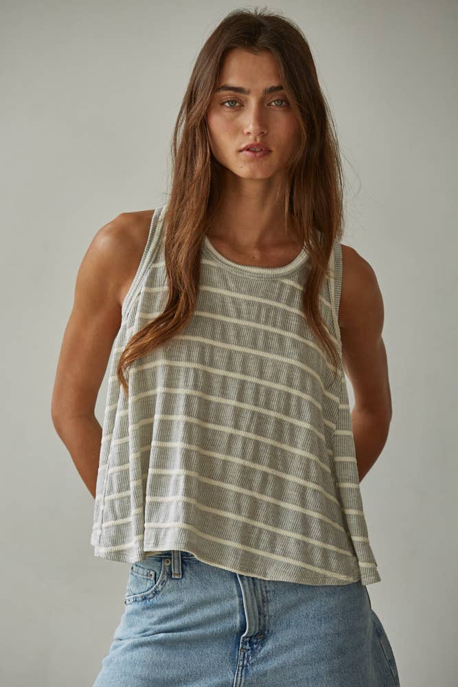 Knit Striped Round Neck Sleeveless Tank Top