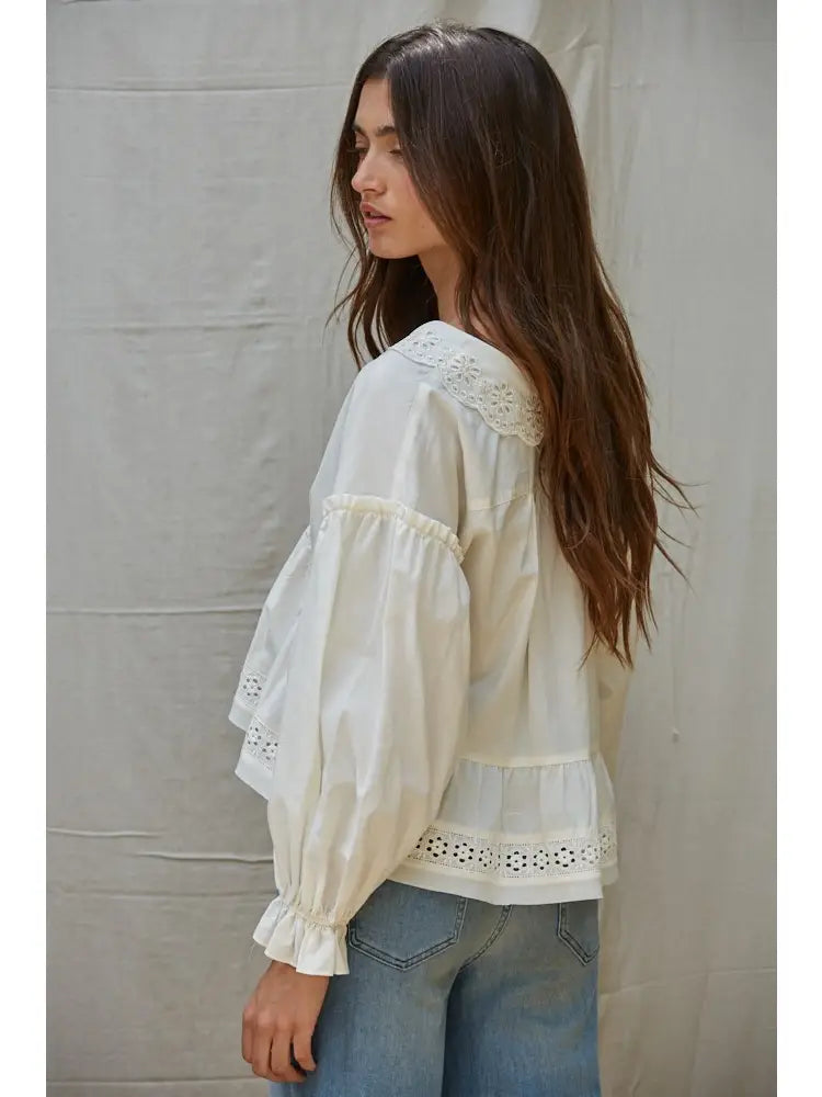 Woven Lyocell Cotton Eyelet Collar Blouse