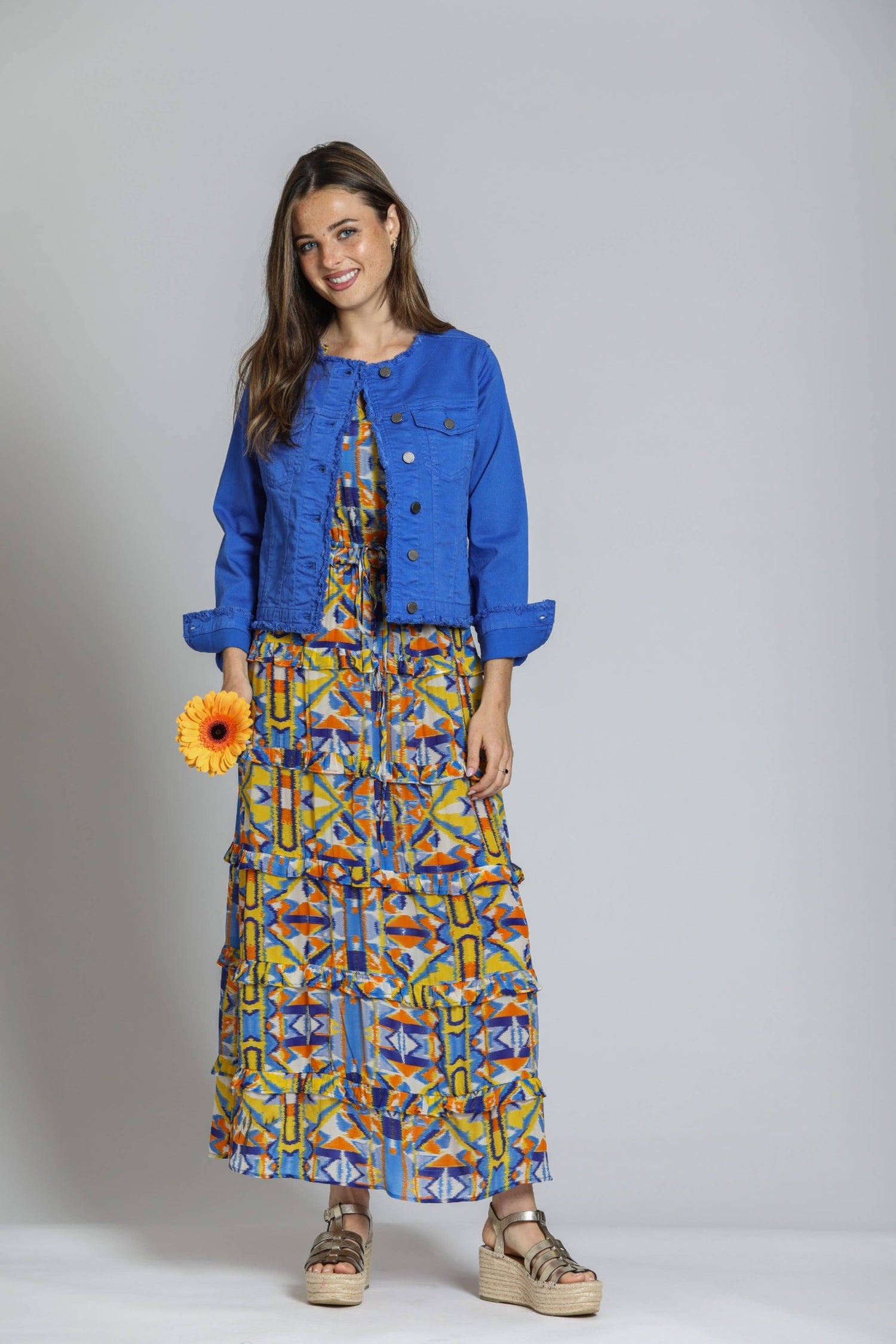 Dazzling Blue Collarless Jean Jacket with Frayed Detail