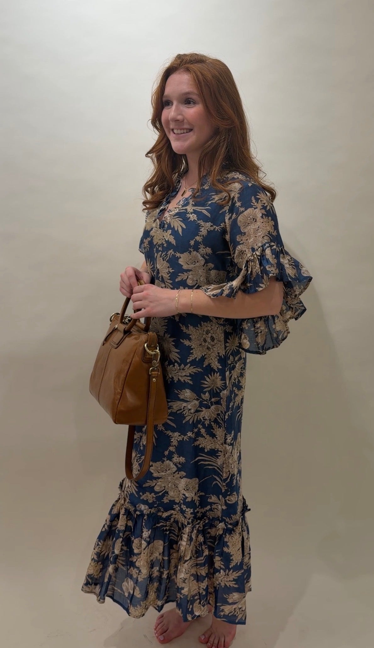 Toile Print Ruffled Cotton Caftan Mini