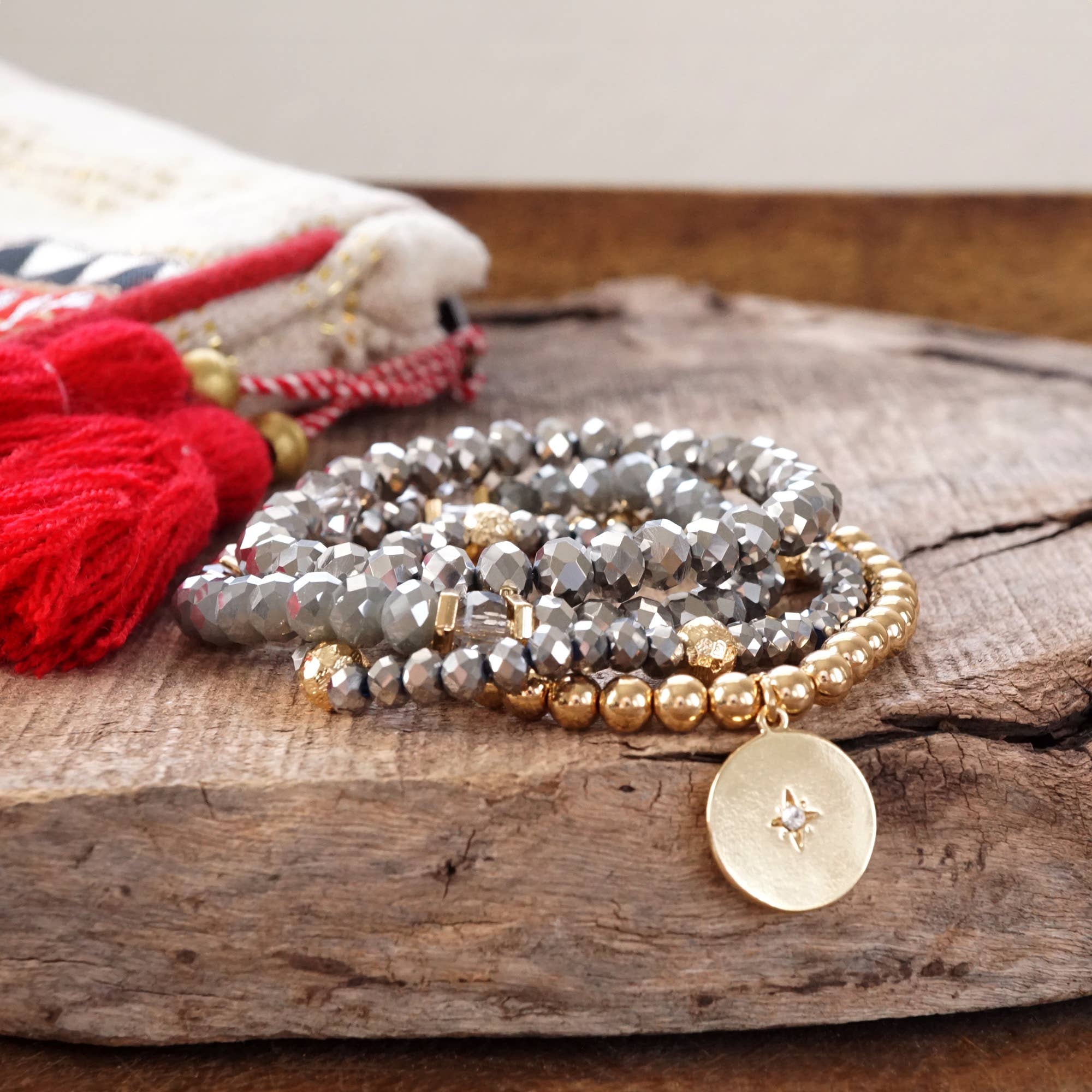 Beaded Bracelets set Gold Coin Sparkly Grey Hematite Glass Metal beads