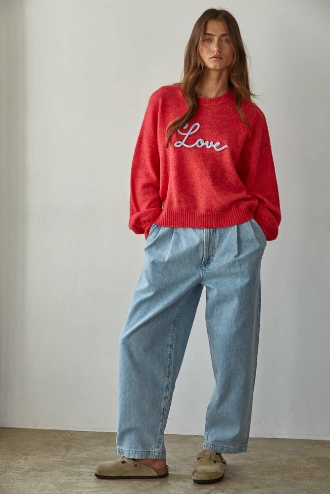 W2155 | Knit Sweater With Hand-Embroidered "Love" on Front