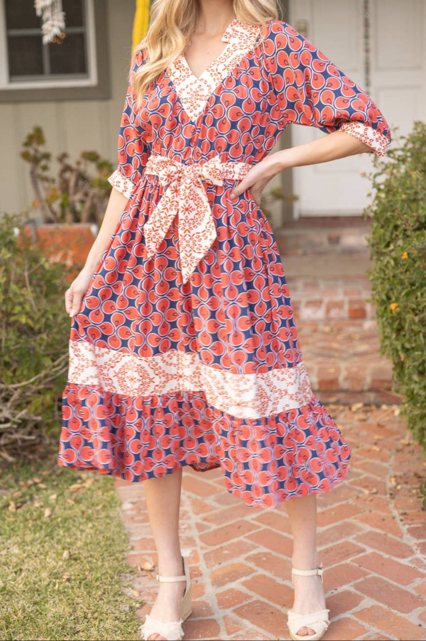 Mixed Print Waist Tie Dress