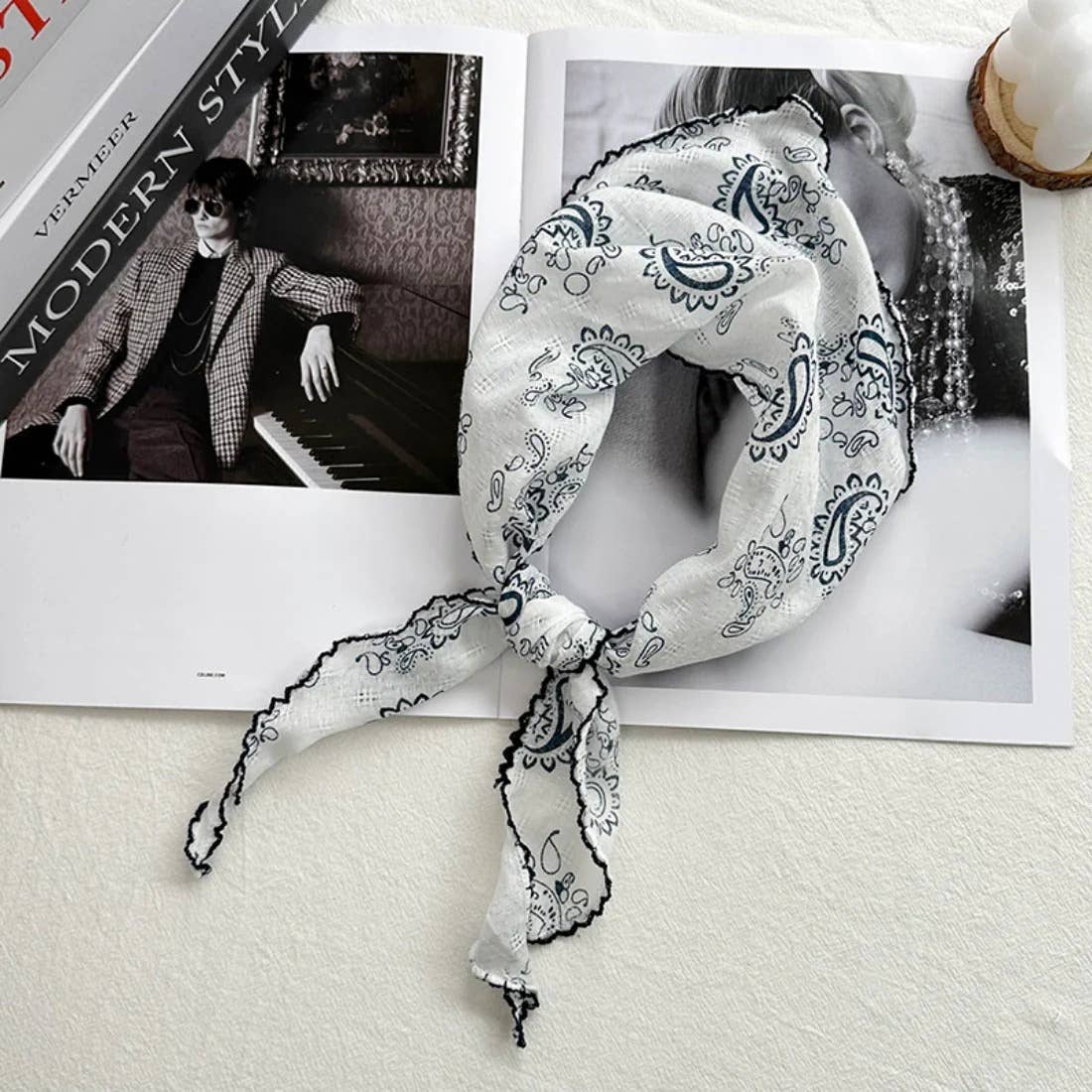 Scarvii - Paisley Print Triangle Scarf with Lace Edge