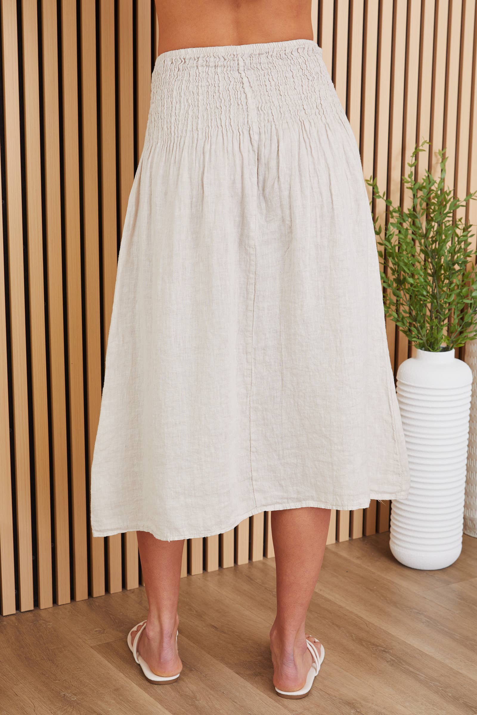 Linen Shirred Waist A-Line Skirt