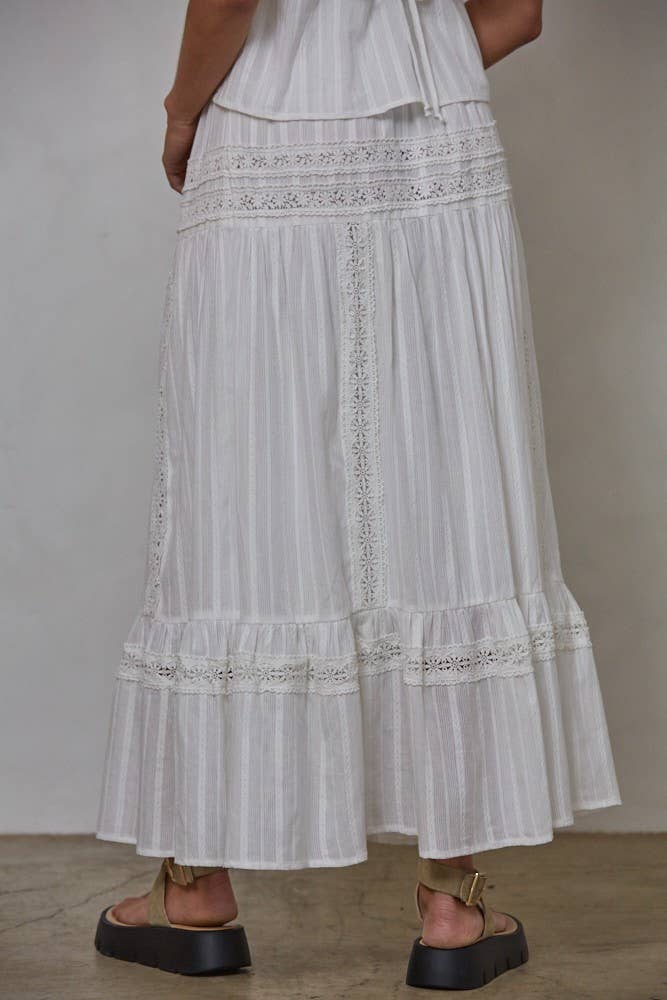 Woven Cotton Lace Detail Flare Midi Skirt