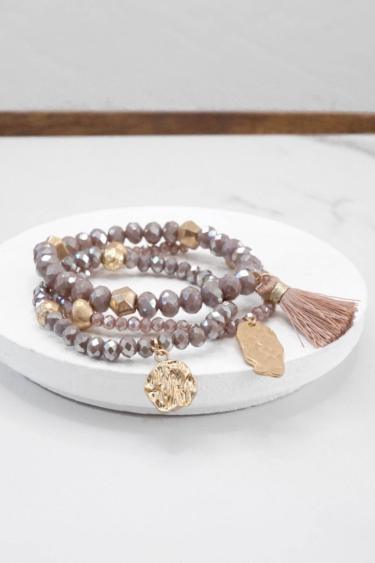 Beaded bracelet stack with tassel coin Aqua Taupe Rose Black
