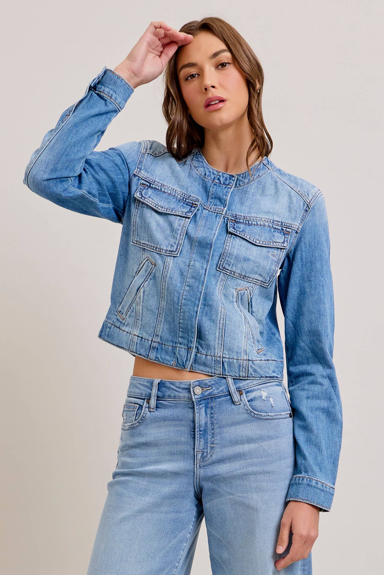 Medium Light Collarless Trucker Jacket