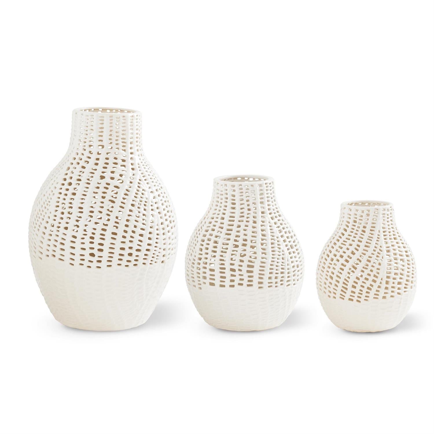 White Ceramic Basket-Weave Vases