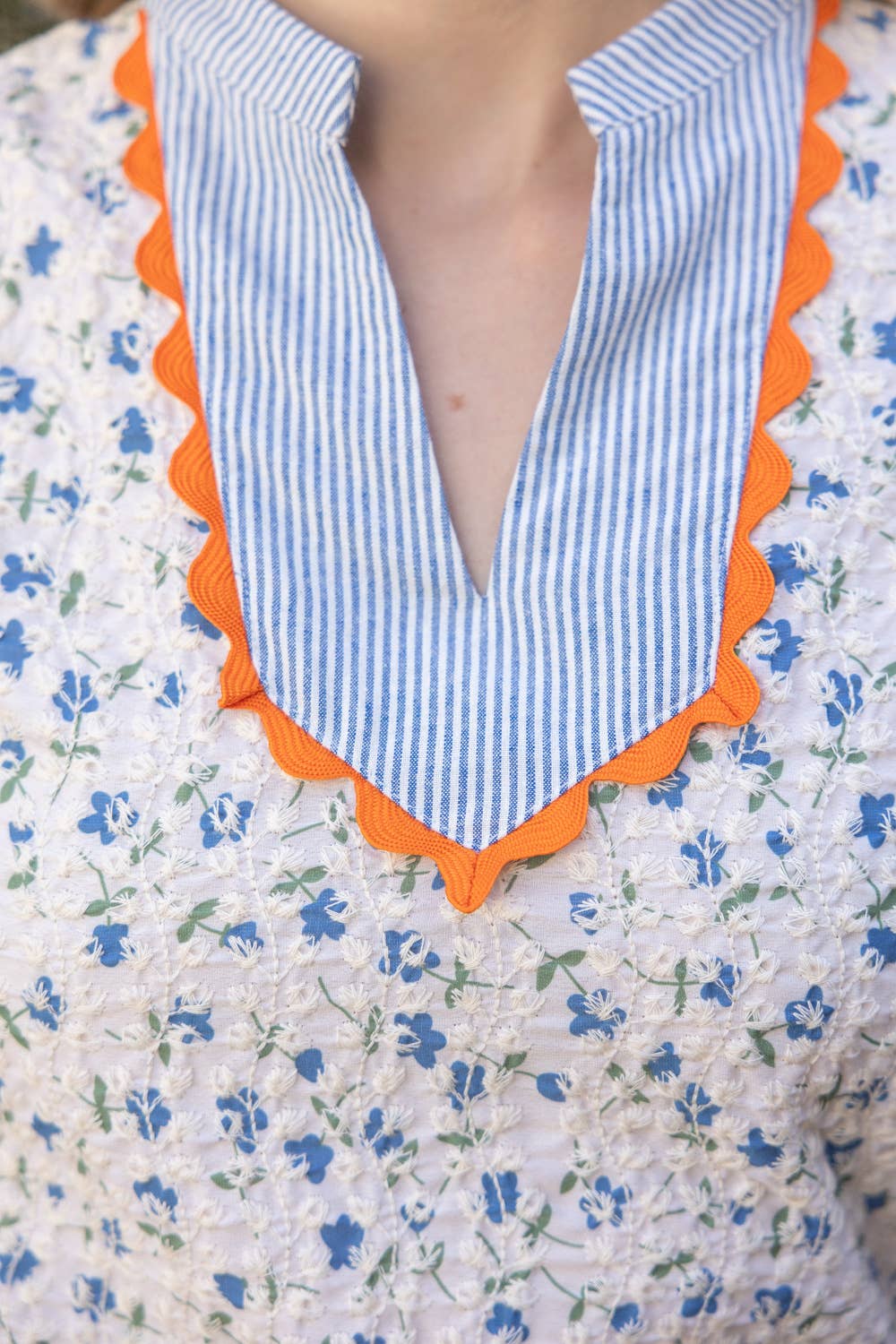 Floral Embroidered Striped Color Block Top