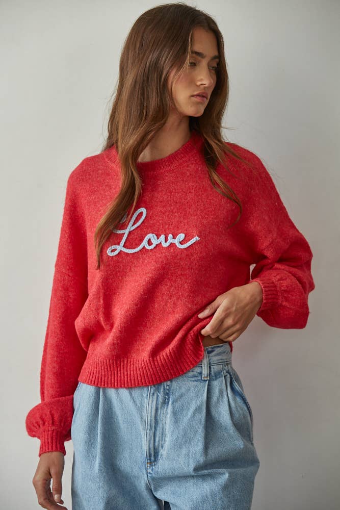 W2155 | Knit Sweater With Hand-Embroidered "Love" on Front