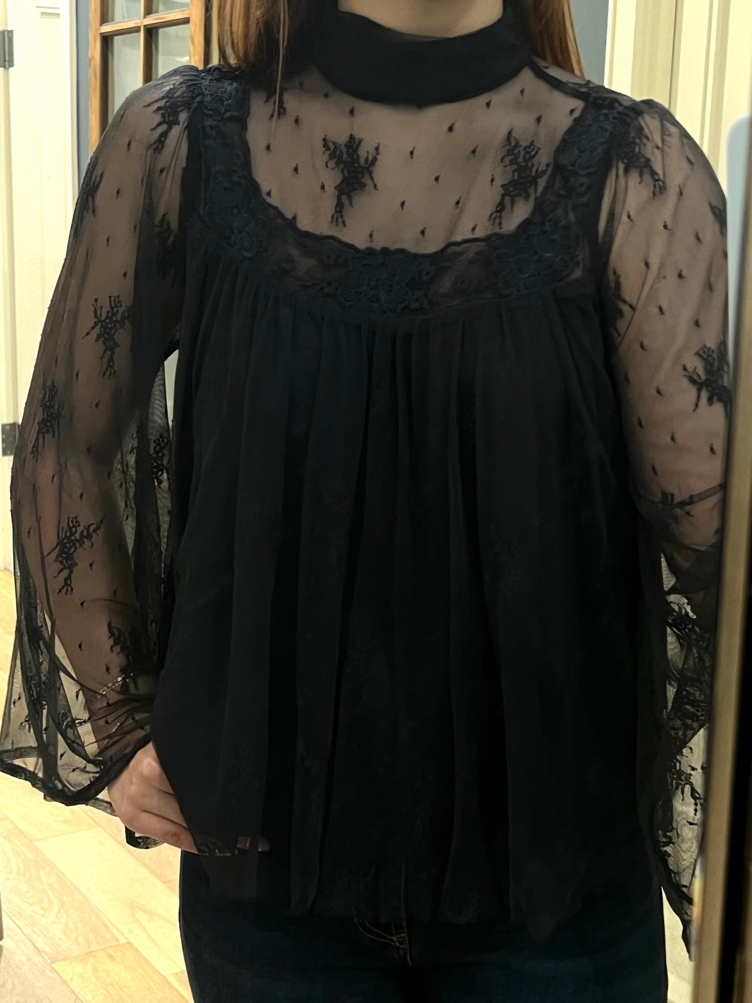 Woven Polyester Mesh Floral Print Mock Top