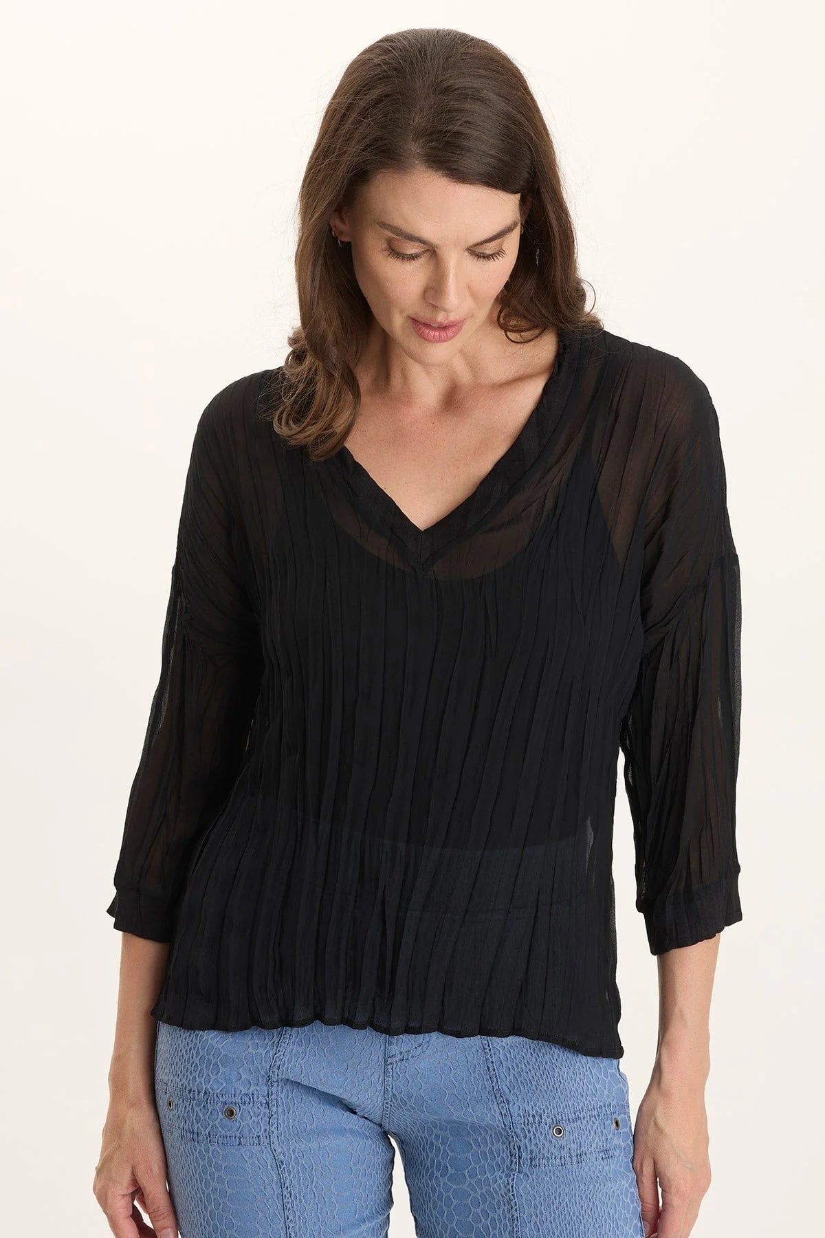 V-Neck Micro-Pleat 3/4-Sleeve Crinkle Top