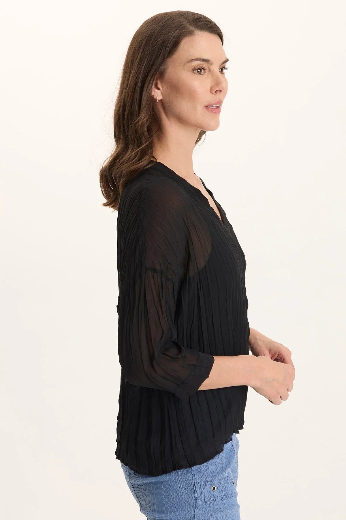 V-Neck Micro-Pleat 3/4-Sleeve Crinkle Top