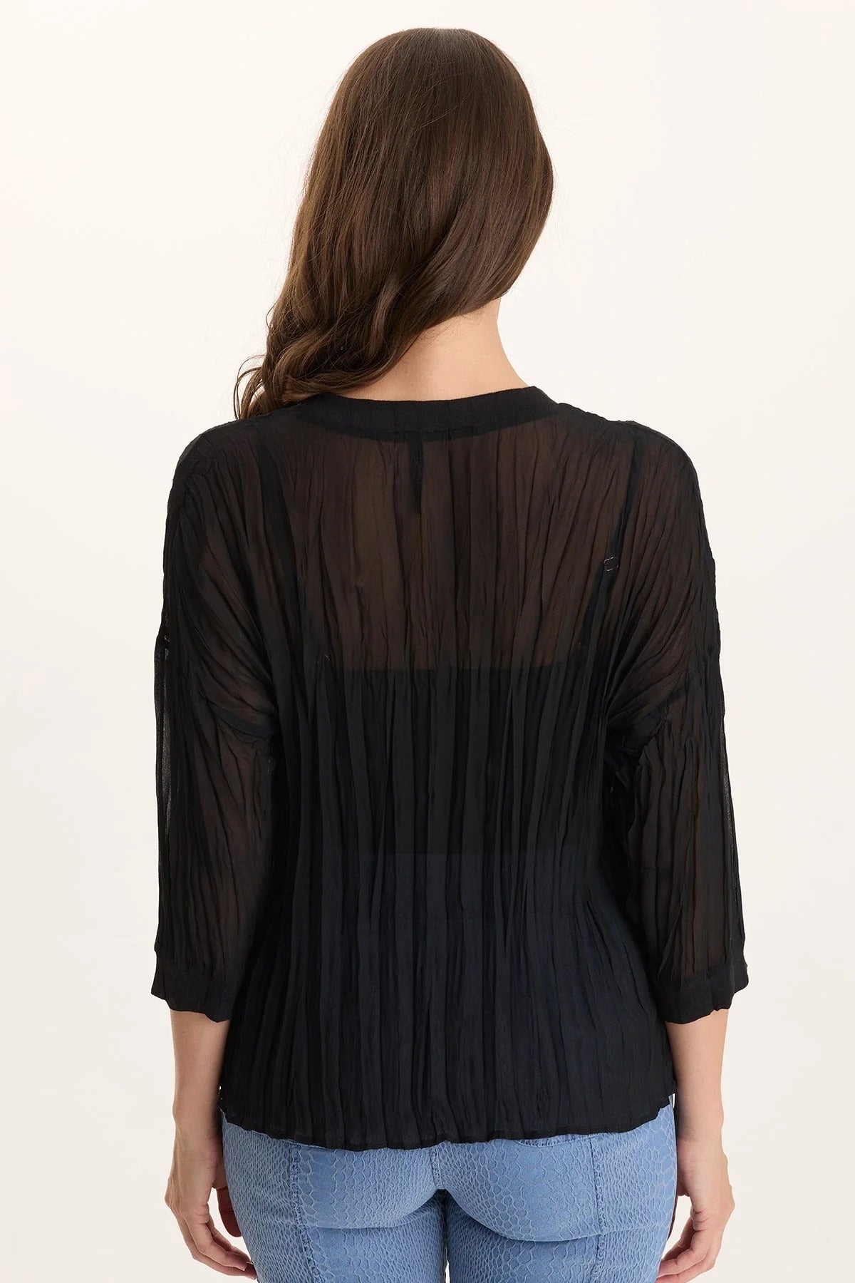 V-Neck Micro-Pleat 3/4-Sleeve Crinkle Top