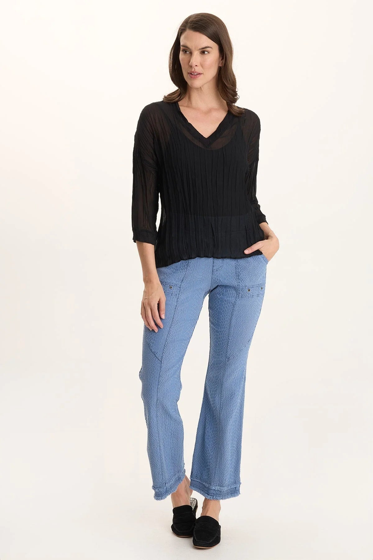 V-Neck Micro-Pleat 3/4-Sleeve Crinkle Top