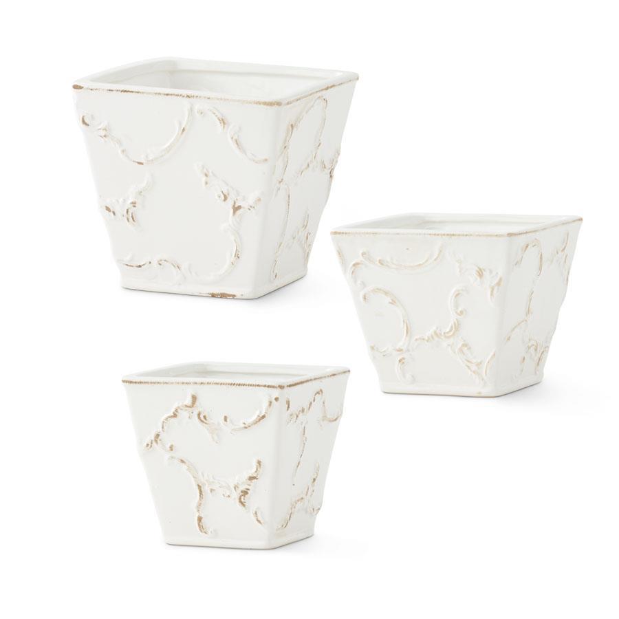 White Ceramic Scroll-Embossed Square Pots