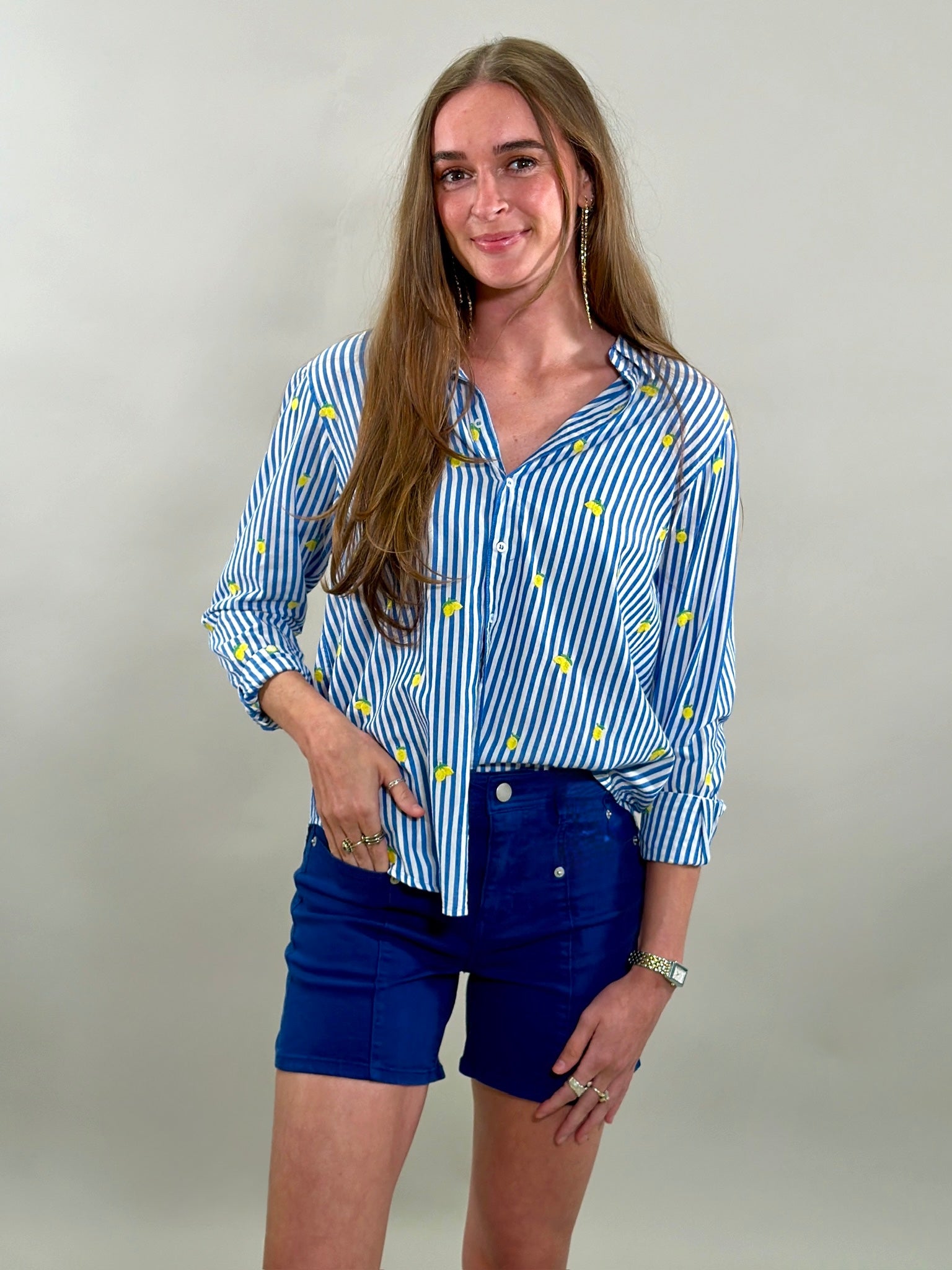 Embroidered Lemon Striped Button-Down