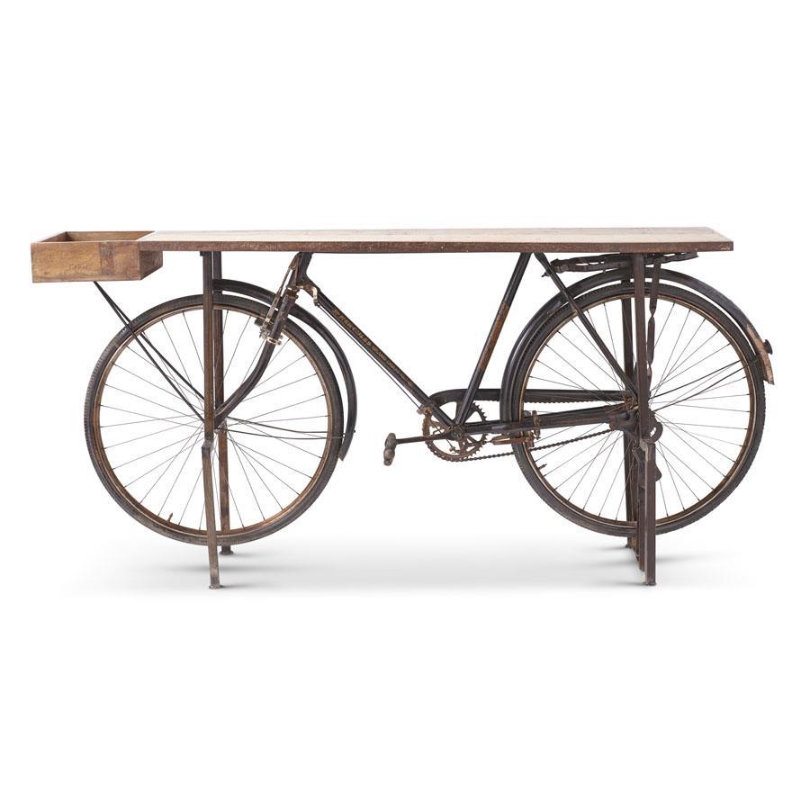 71" Wood-Top Console Table with Antique Bike Base