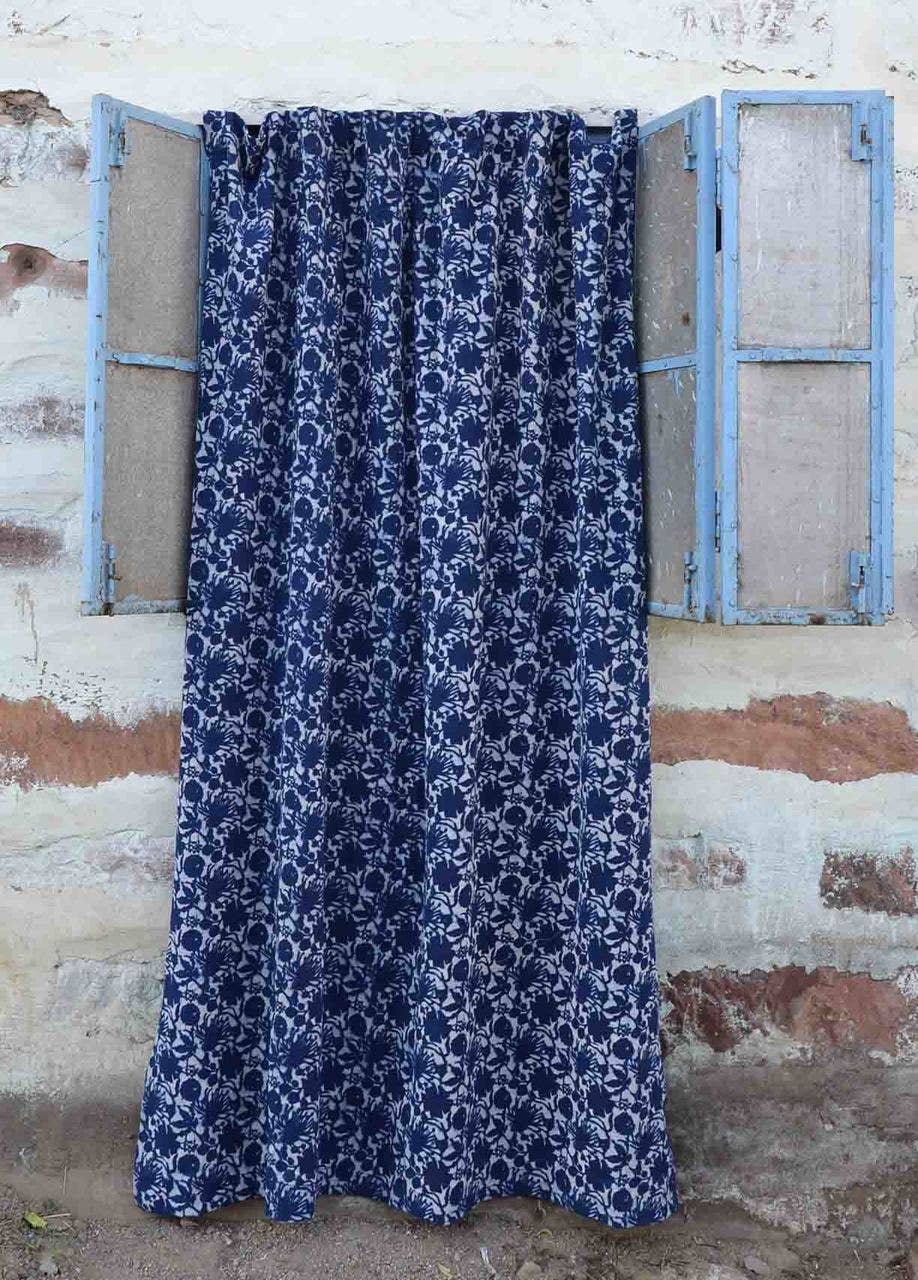 Blue Flowers - Bohemian Indigo Home Decor / Window Curtain
