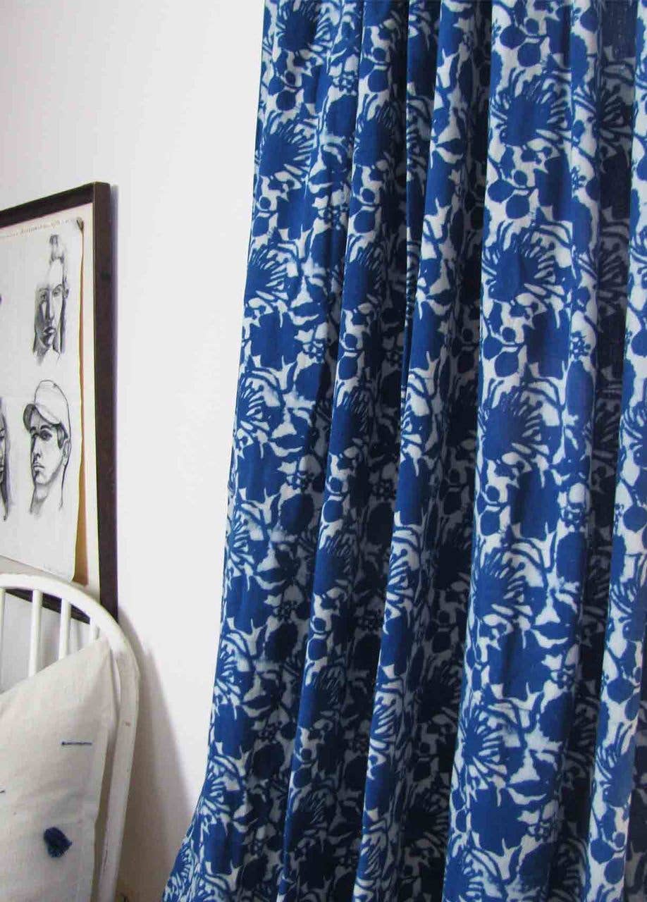 Blue Flowers - Bohemian Indigo Home Decor / Window Curtain