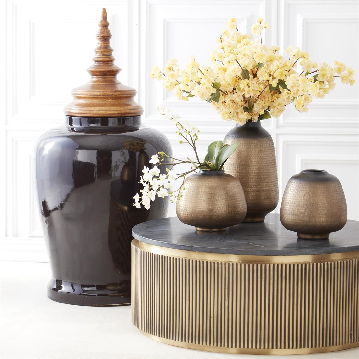 Set of 3 Black and Gold Textured Metal Vases