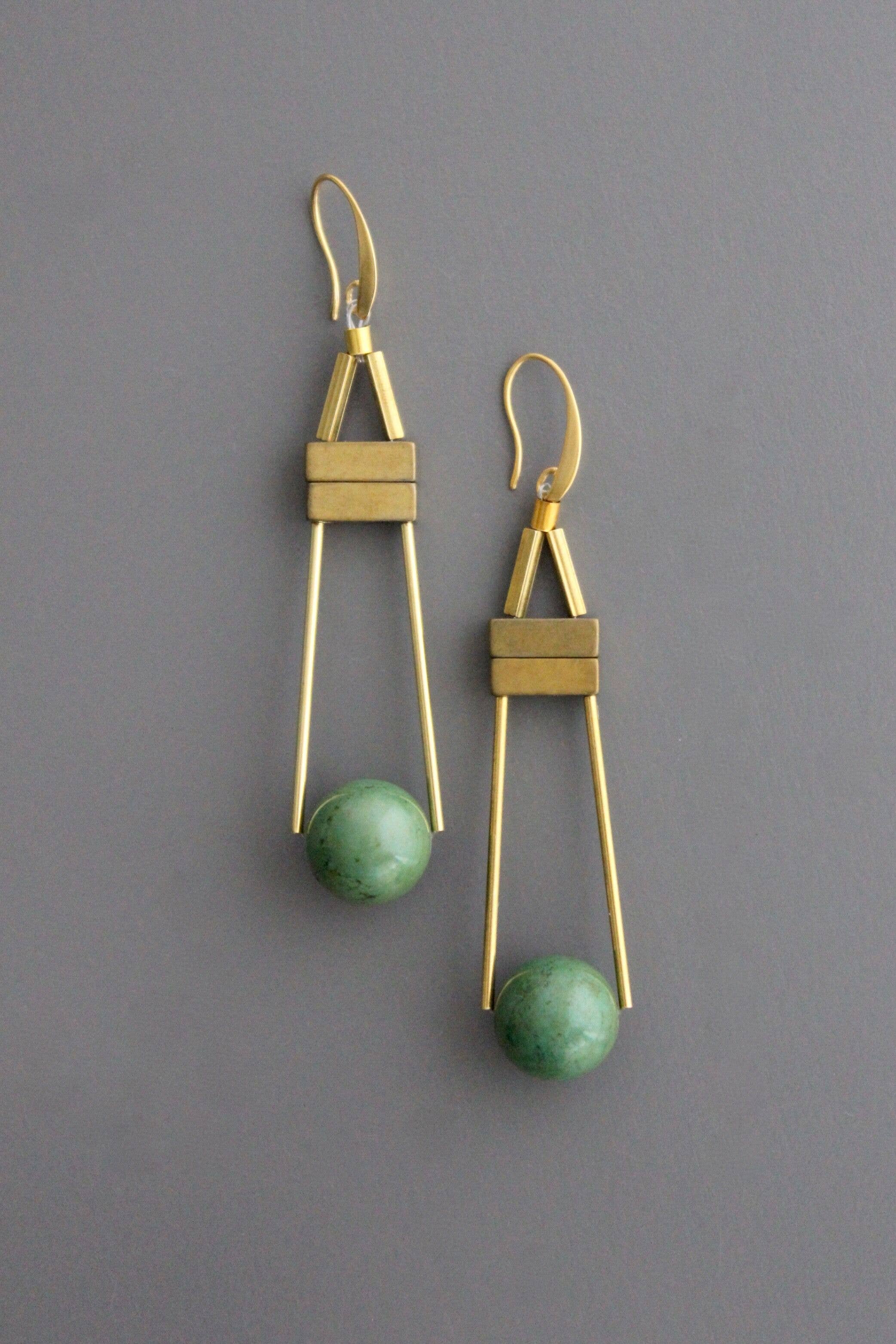 Geometric Green Turquoise and Brass Earrings