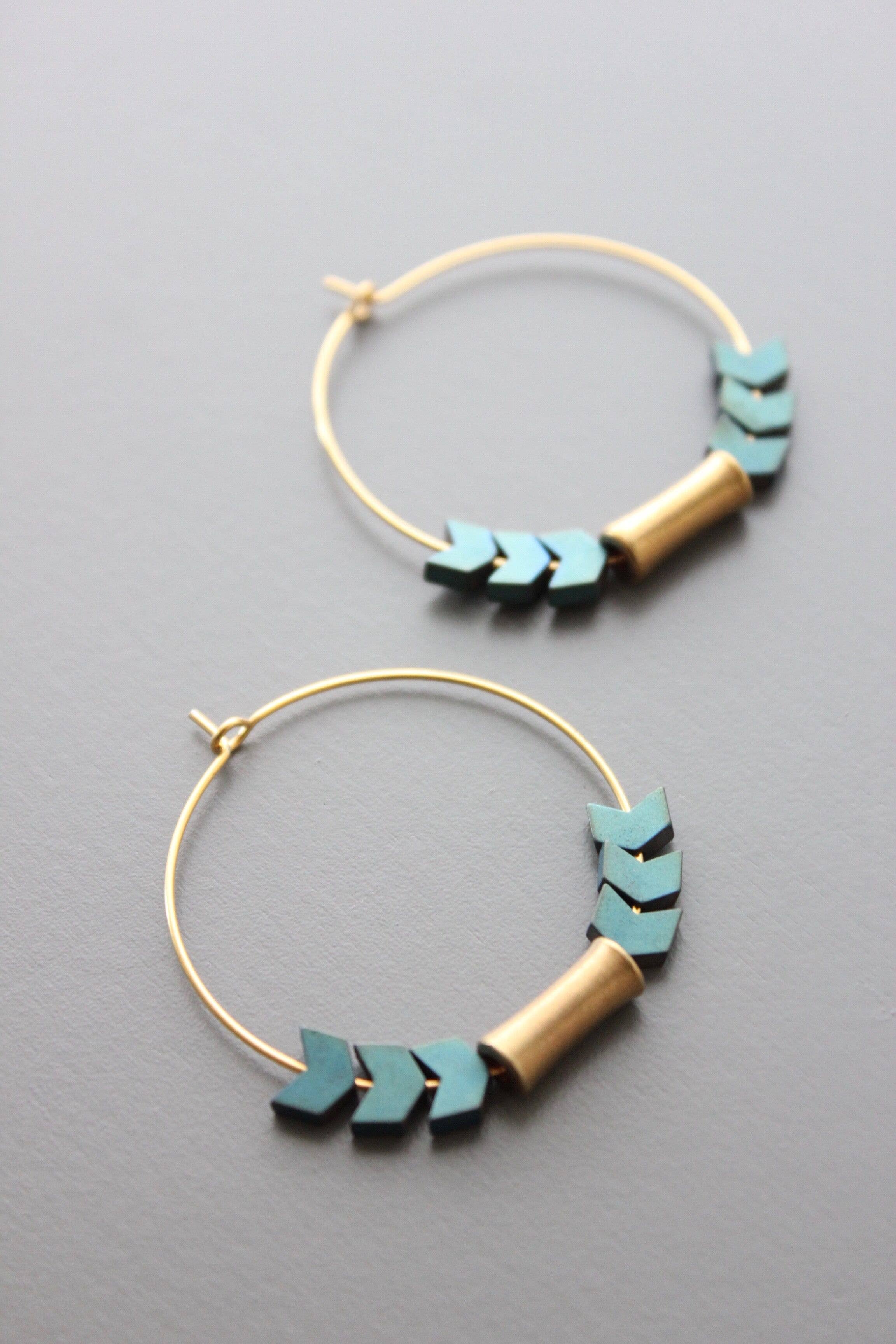 Green Hematite and Brass Hoop Earrings