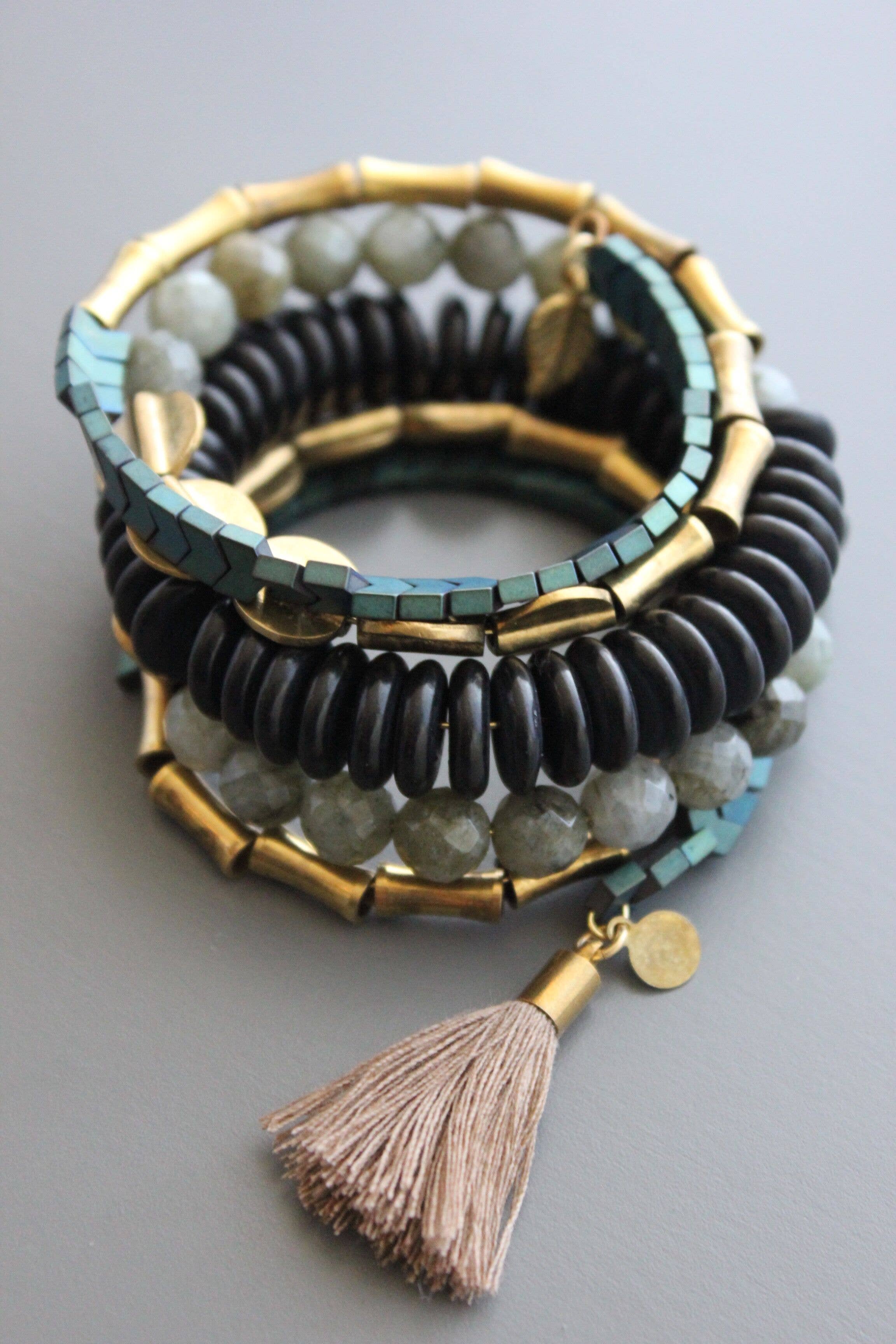 Black Stone and Green Hematite Wrap Bracelet