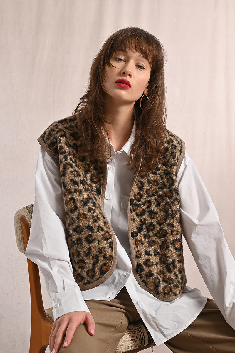 Textured Leopard Sleeveless Jacket