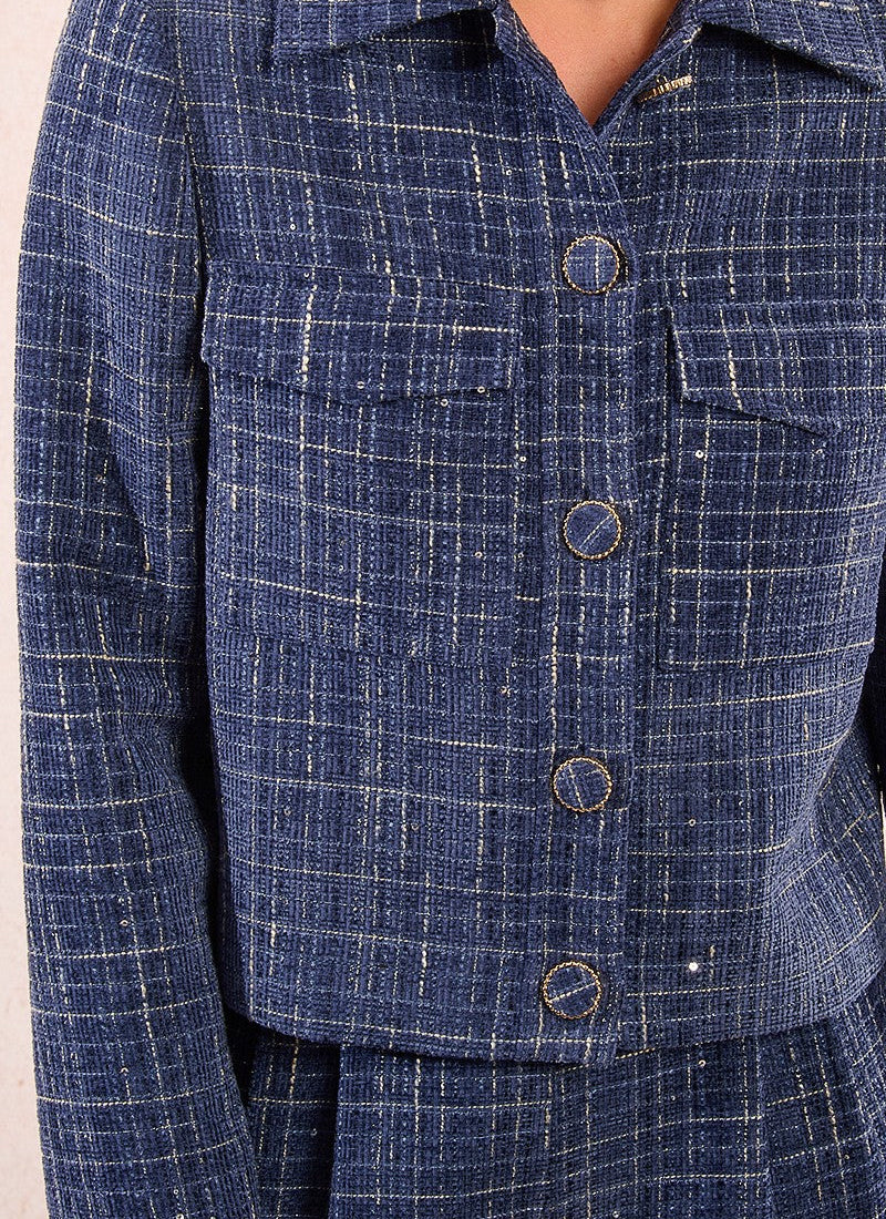 Chic Plaid Tweed Shirt Jacket with Sparkle Details