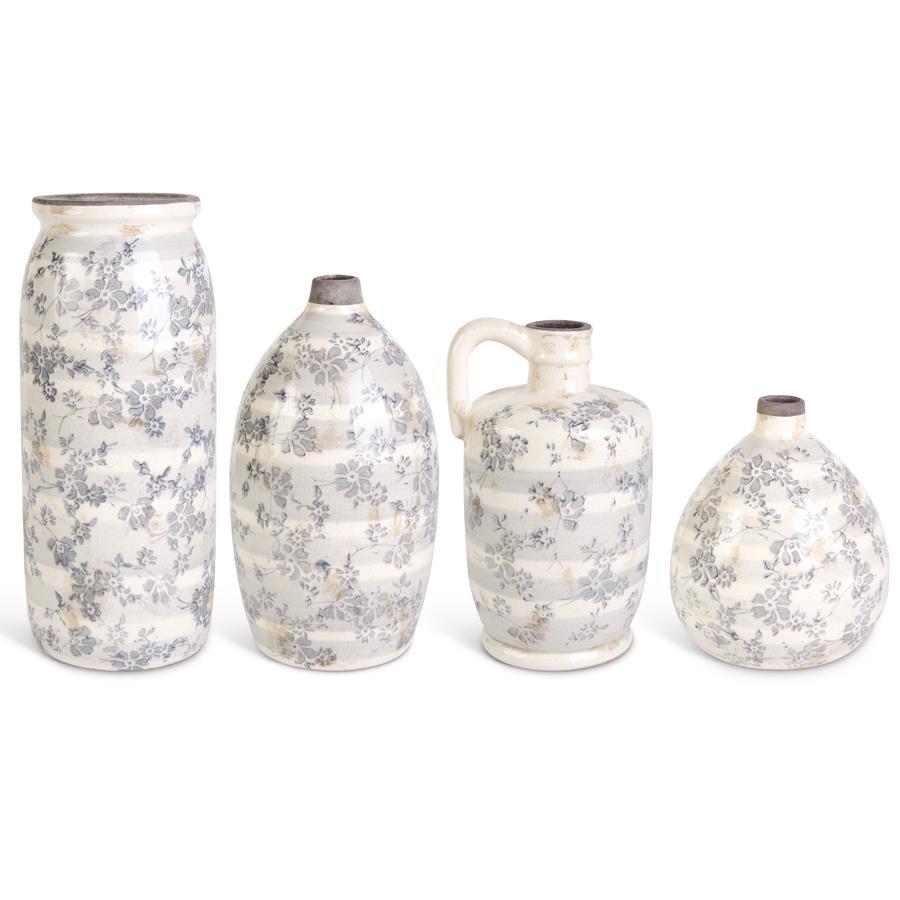 Ceramic Cream Crackle Vases with Gray Floral Design