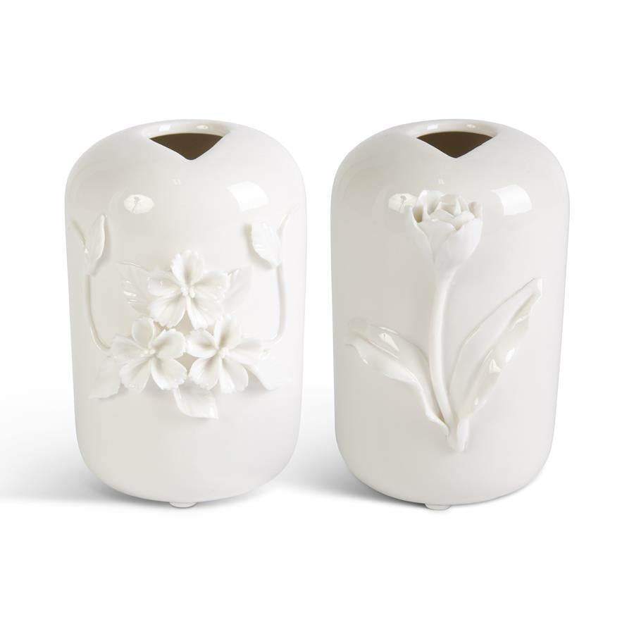 Assorted Tall White Ceramic Vases with Raised Flowers (2 Styles)
