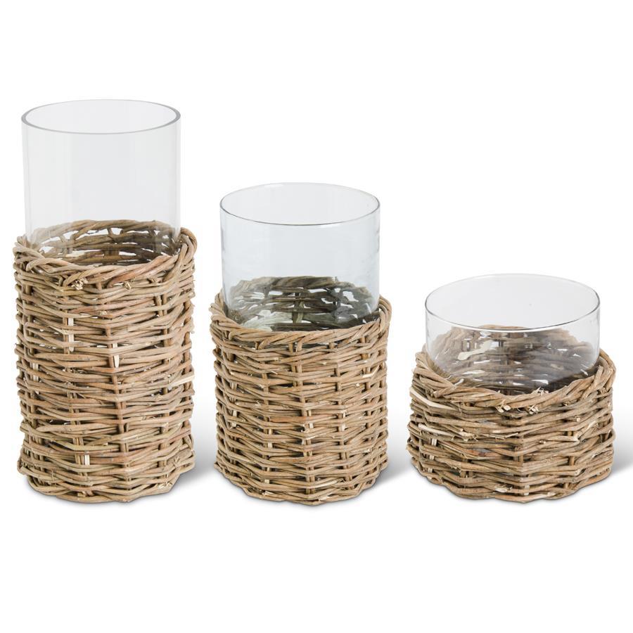 Clear Glass Cylinders in Woven Rattan Baskets