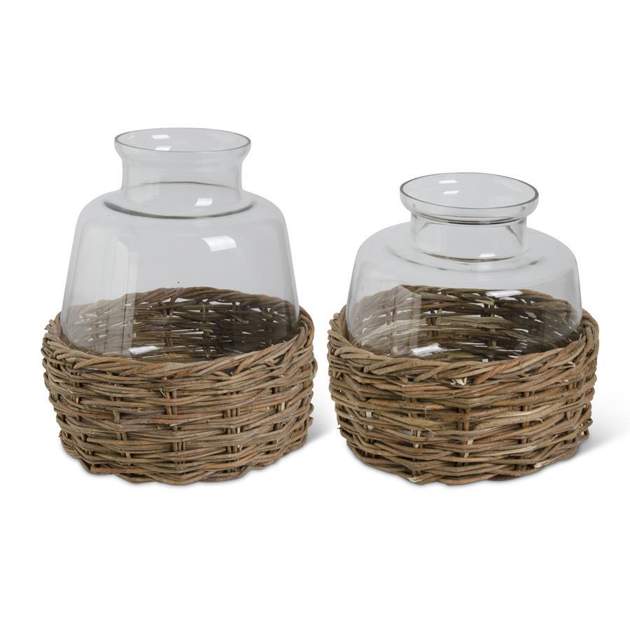 Clear Glass Vase in Woven Rattan Basket