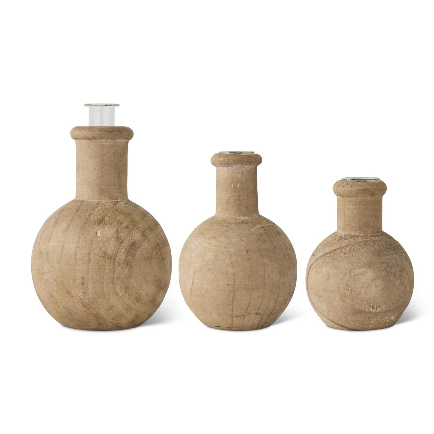 Pine Wood Bud Vases with Glass Inserts