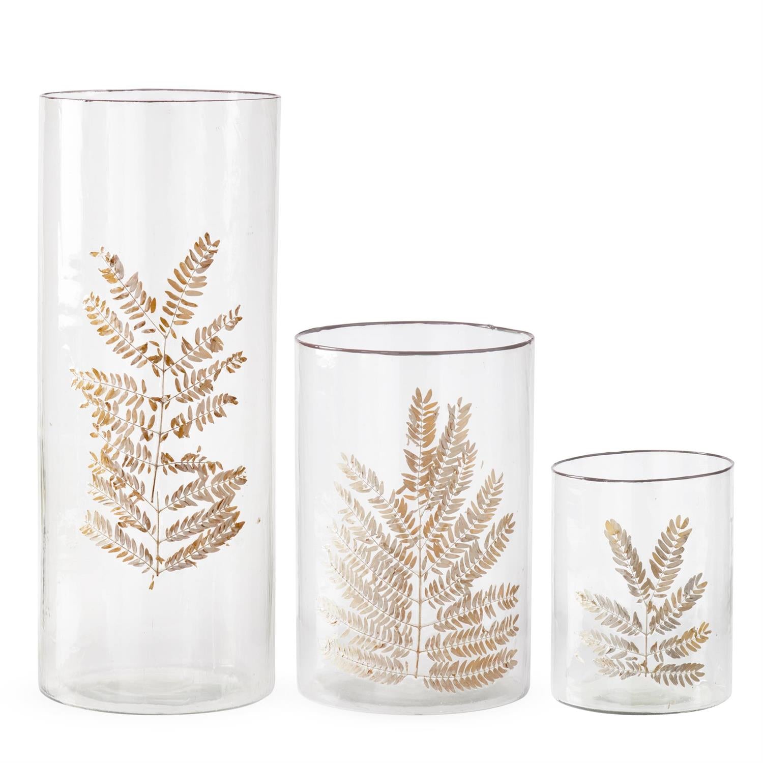 Clear Textured Glass Cylinders with Dried Leaf Appliqué