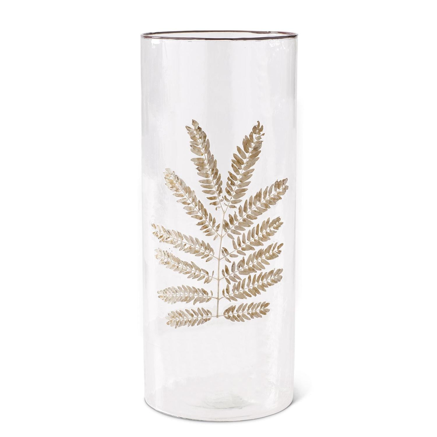 Clear Textured Glass Cylinders with Dried Leaf Appliqué