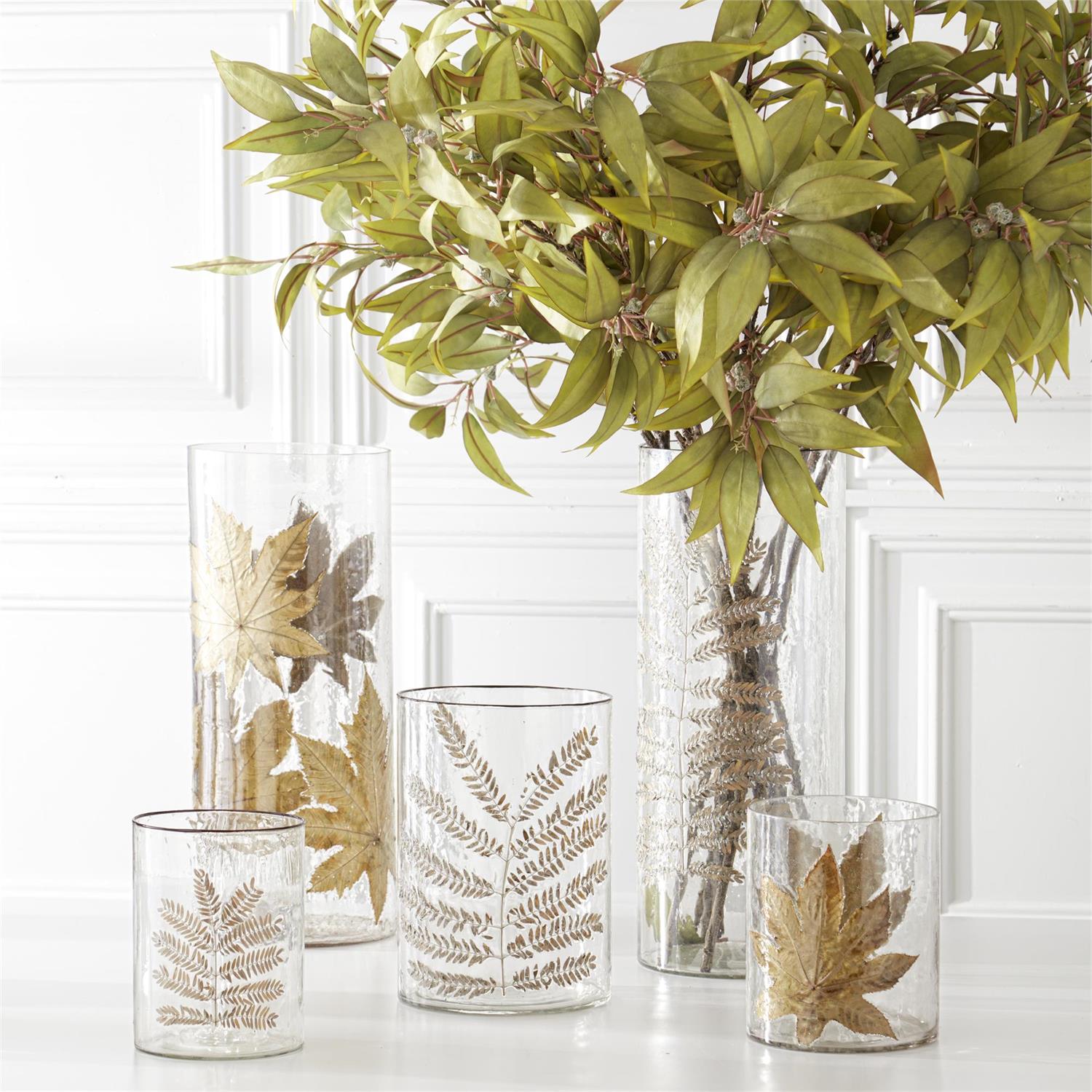 Clear Textured Glass Cylinders with Dried Leaf Appliqué