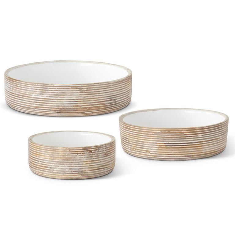Set of 3 Ribbed Whitewashed Mango Wood Bowls with White Enamel Centers