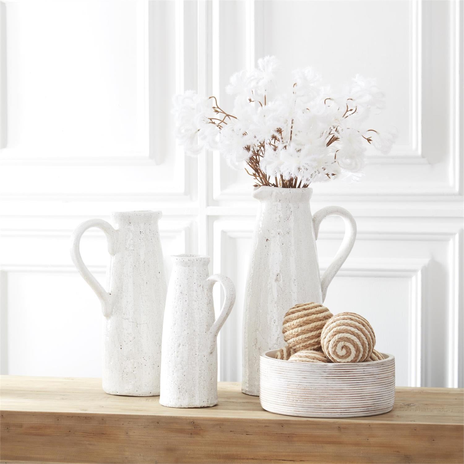 Set of 3 Ribbed Whitewashed Mango Wood Bowls with White Enamel Centers