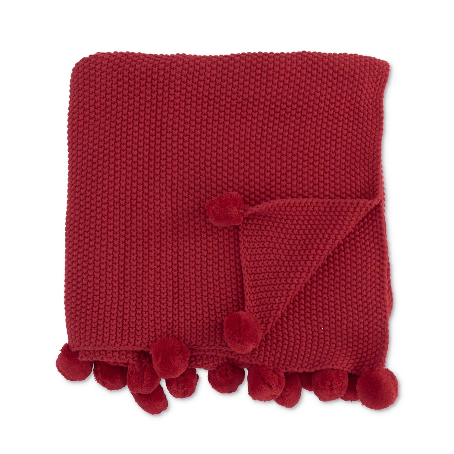 60-Inch Red Moss-Stitch Knit Throw Blanket with Pompom Trim
