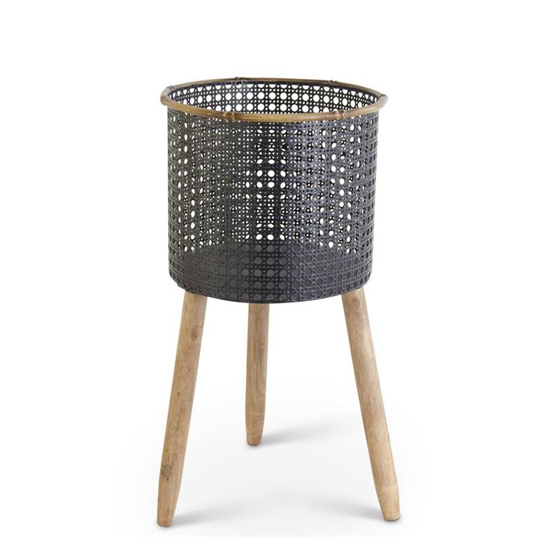 Black Punched Metal Containers with Wood Legs